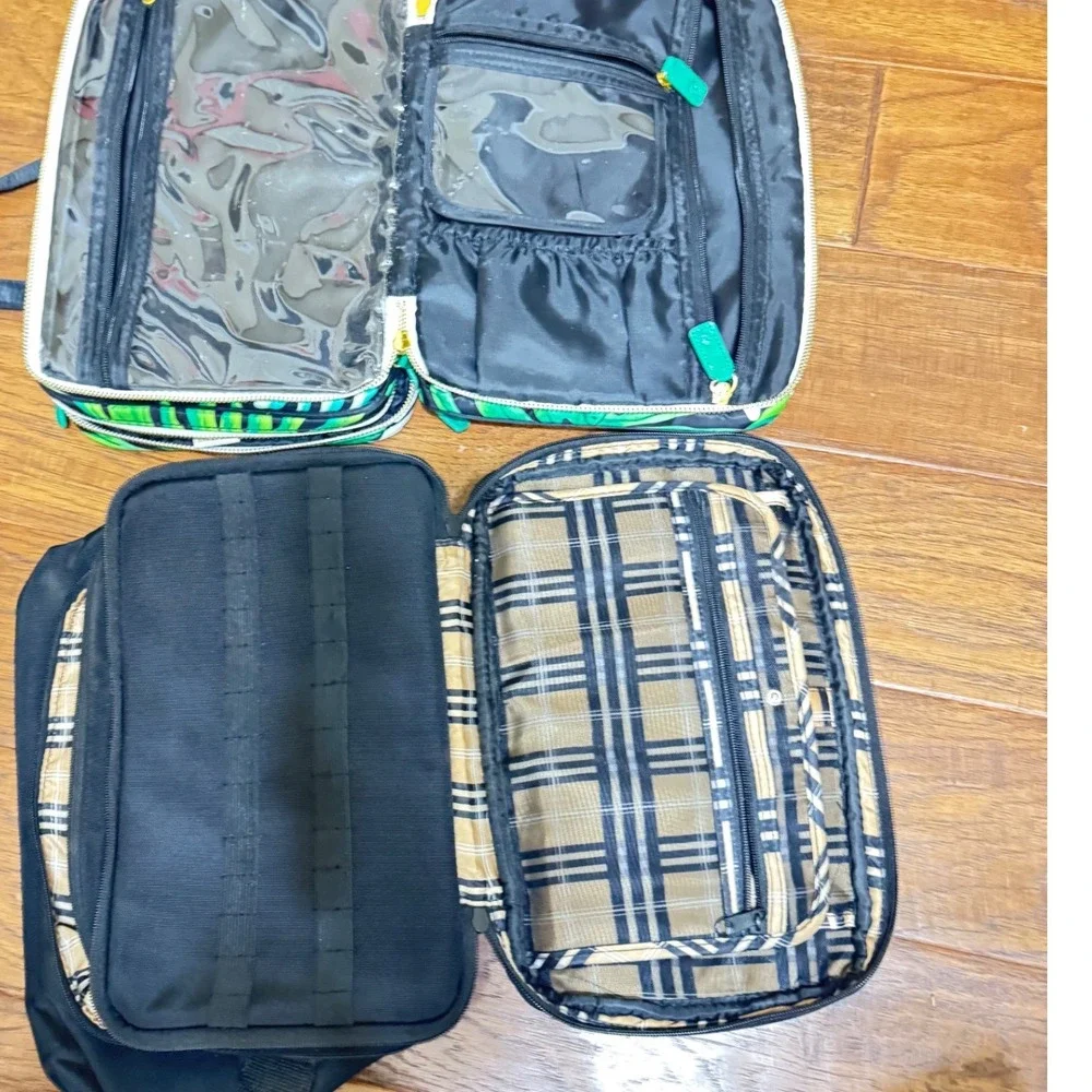 Modella Black Plaid & Tropical Palm Leaf Travel Toiletry Cosmetic Bag 2pc‎
